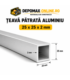 Teava patrata aluminiu 25 x 25 x 2 mm, 6 metri (EN AW-6060)